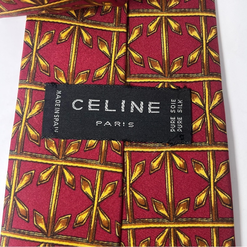 Celine Paris Men’s Silk Neck Tie Burgundy Red/Gold Geometric Designs Luxury - Picture 4 of 6